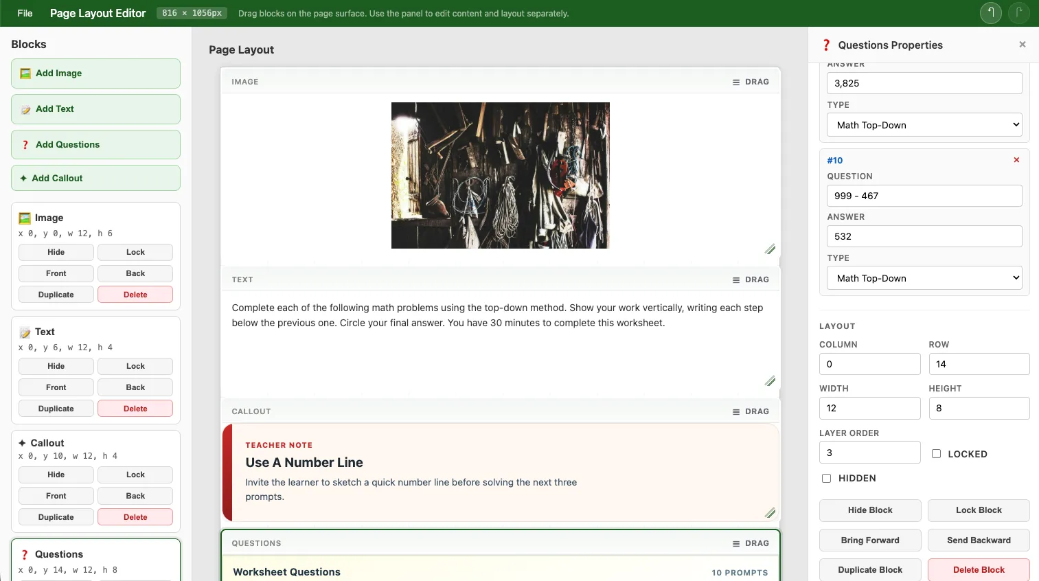 The page layout editor in action — block sidebar, page canvas with drag/resize, and property panel on the right